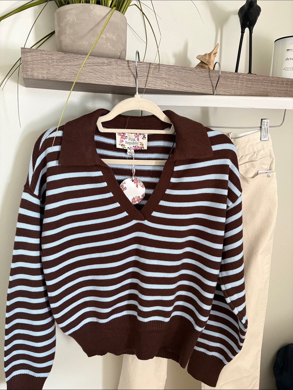 Pink Republic Brown and Light Blue Striped V-Neck Collared Sweater